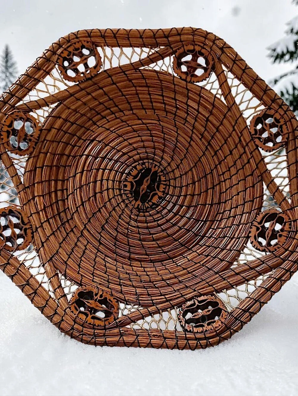 Vintage Long Pine Needle‎ Basket Walnut Slice Inserts Coiled Folk Art Hand Woven